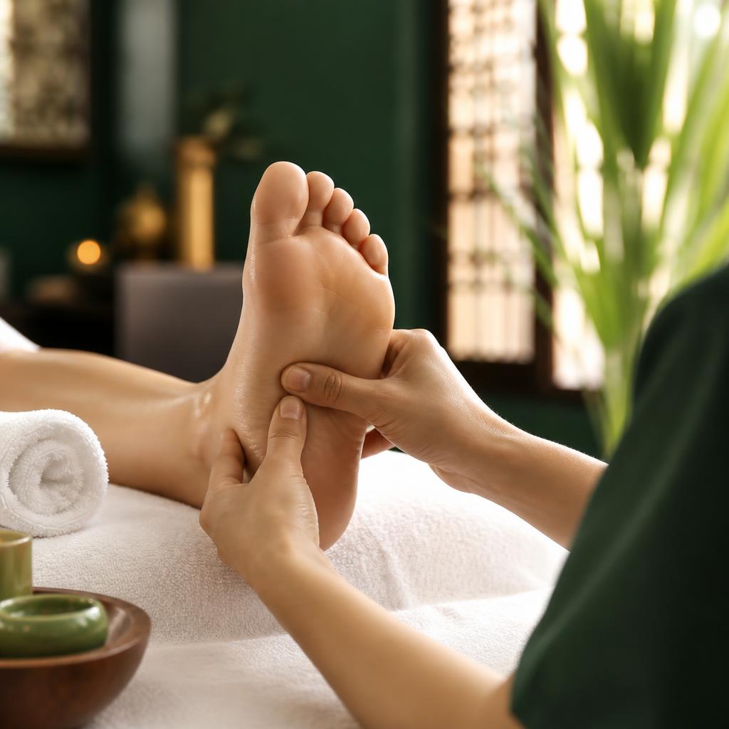Sesi terapi refleksi kaki oleh terapis profesional