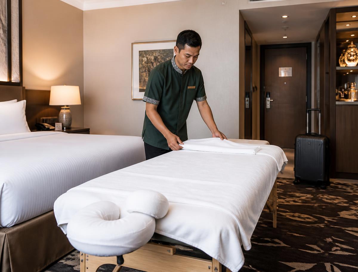 Terapis pria Gendhis Refleksi Solo menyiapkan meja pijat di kamar hotel di Solo